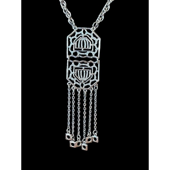 Vintage Art Deco Style Tassel Dangle Necklace 18 In Filigree Openwork Geometric - Picture 2 of 6